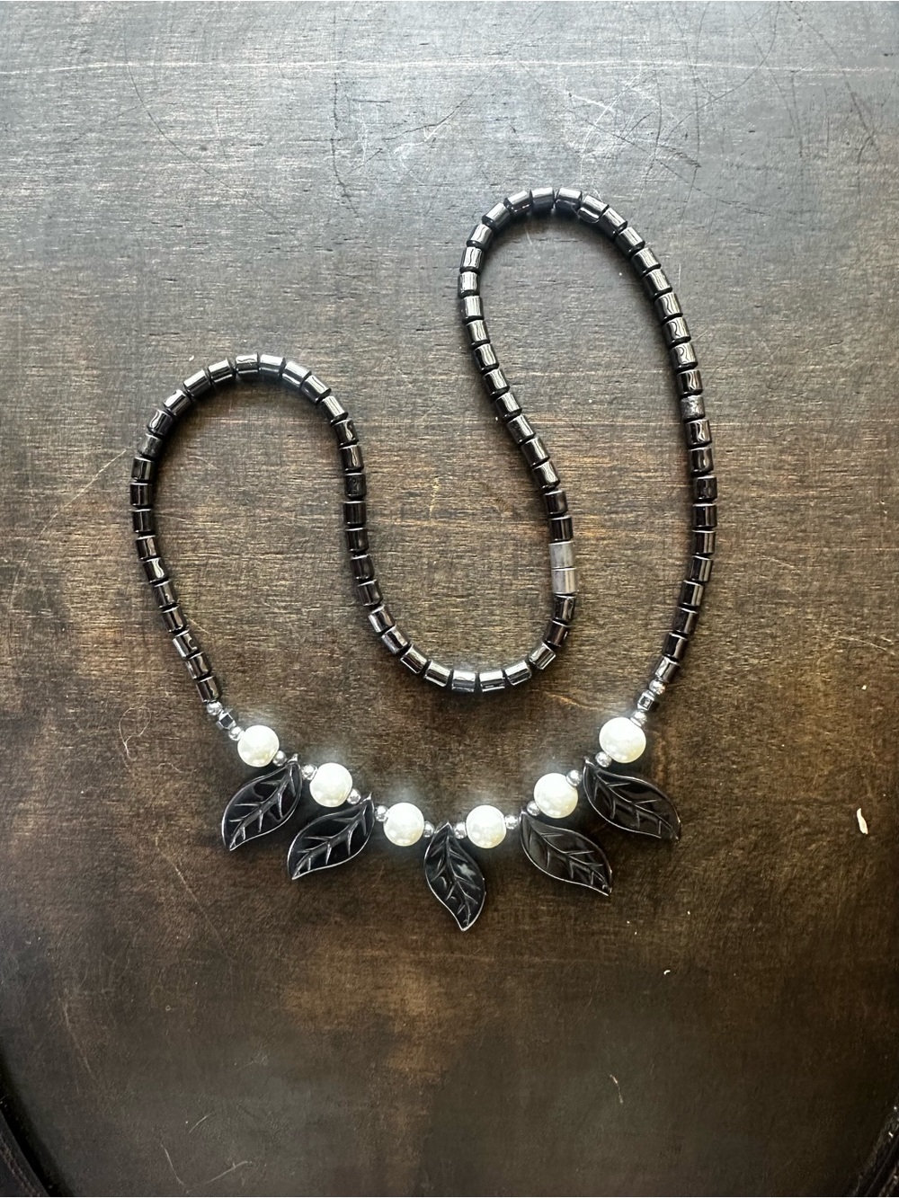 Hand Crafted Black Leaf and Pearl-Style Accent Necklace and Bracelet
